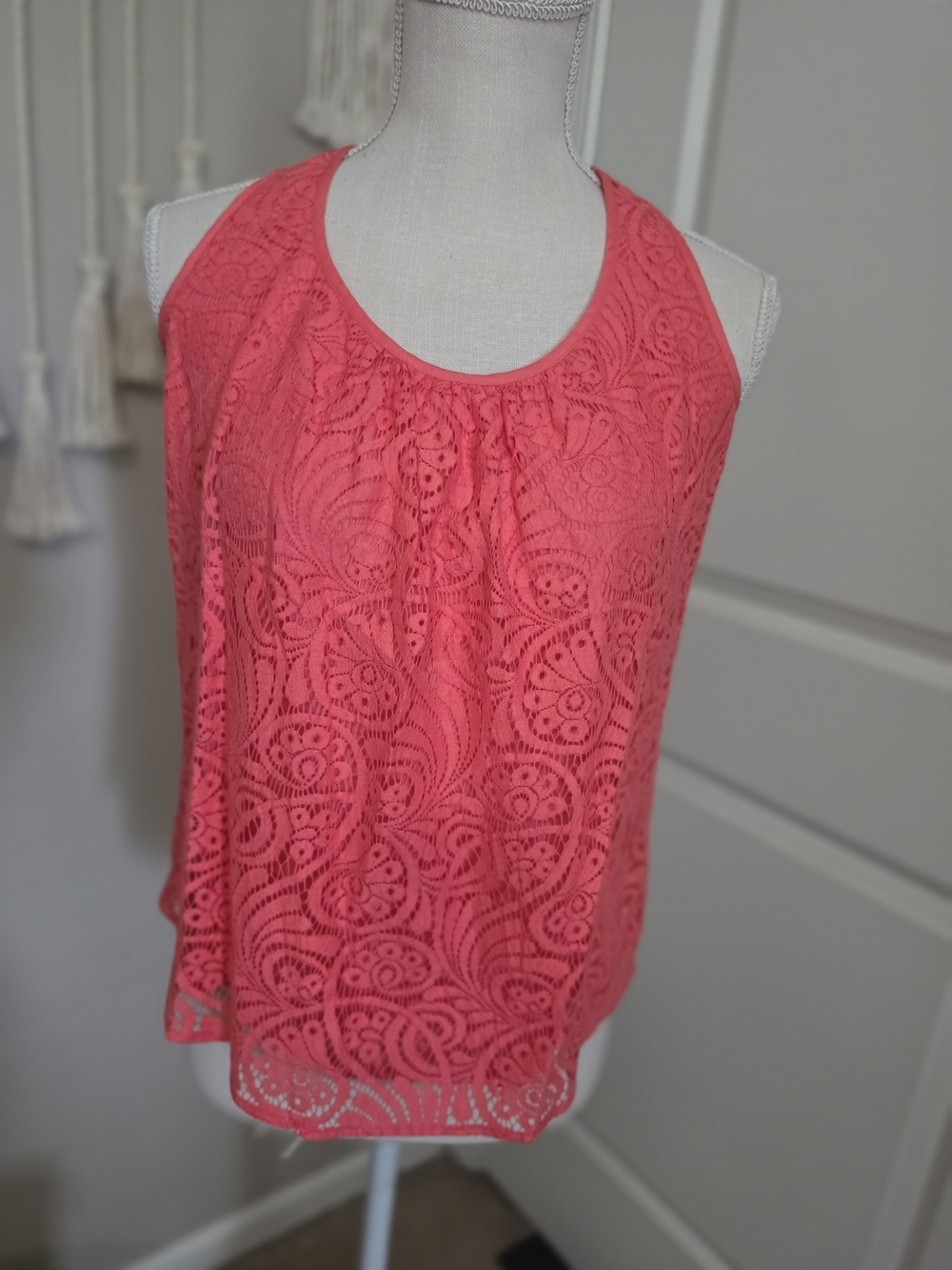 Trina Turk Coral Lace Silk Lined Sleeveless Tank Top